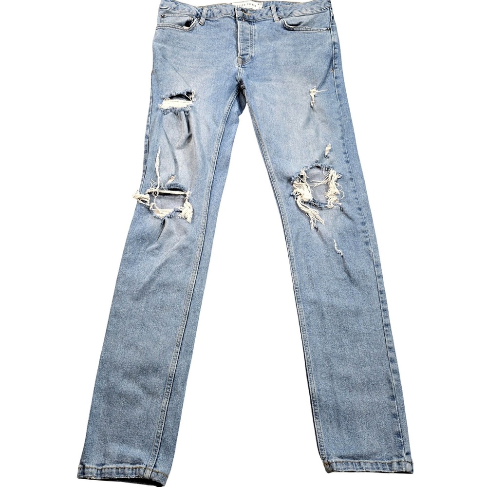 Topman Stretch Skinny Jeans Mens 35x34 (tag 36x34) Blue Distressed Stretch Denim